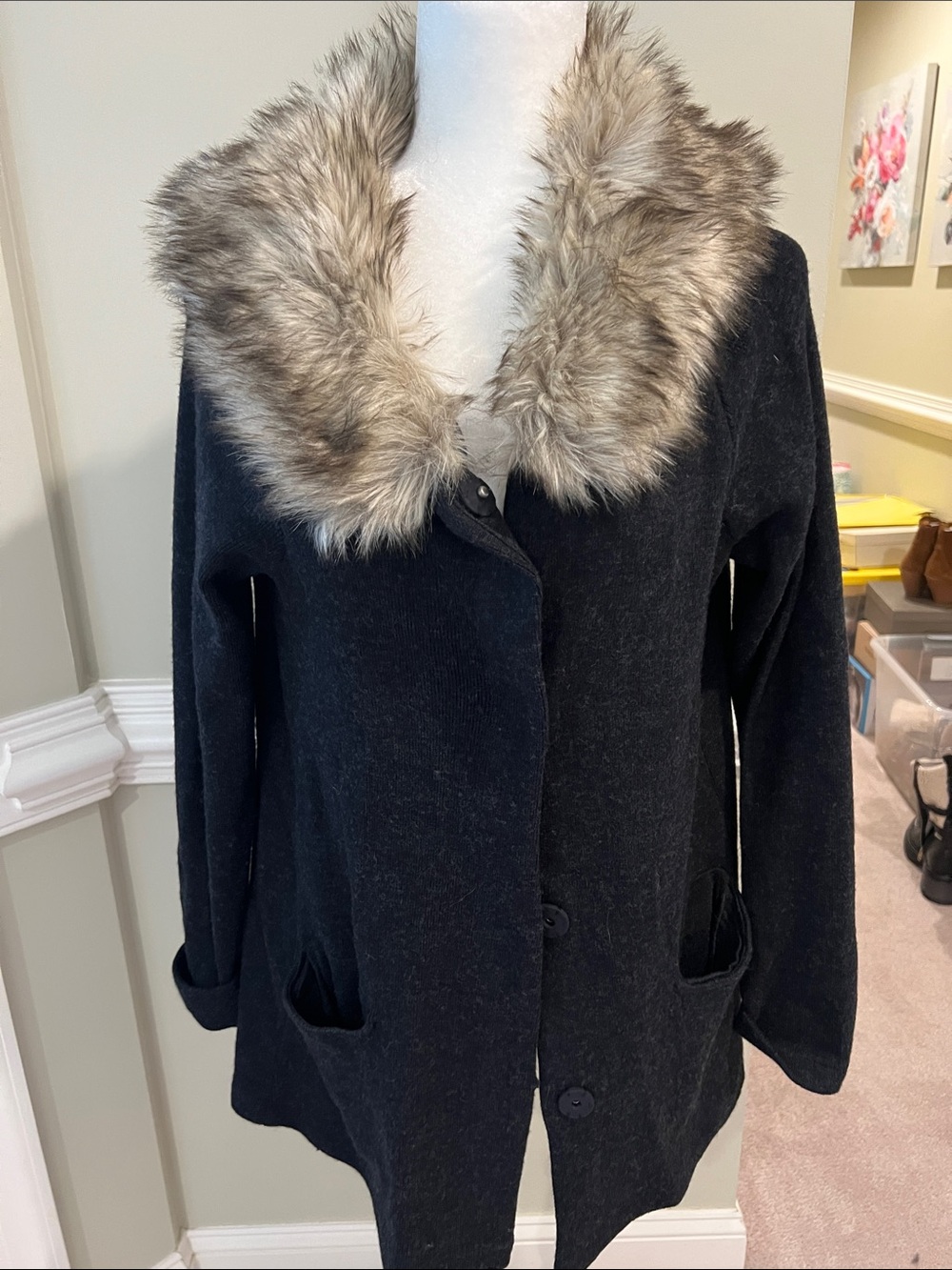 Moth Black Sweater with Faux Fur Trim and snap buttons, NWOT